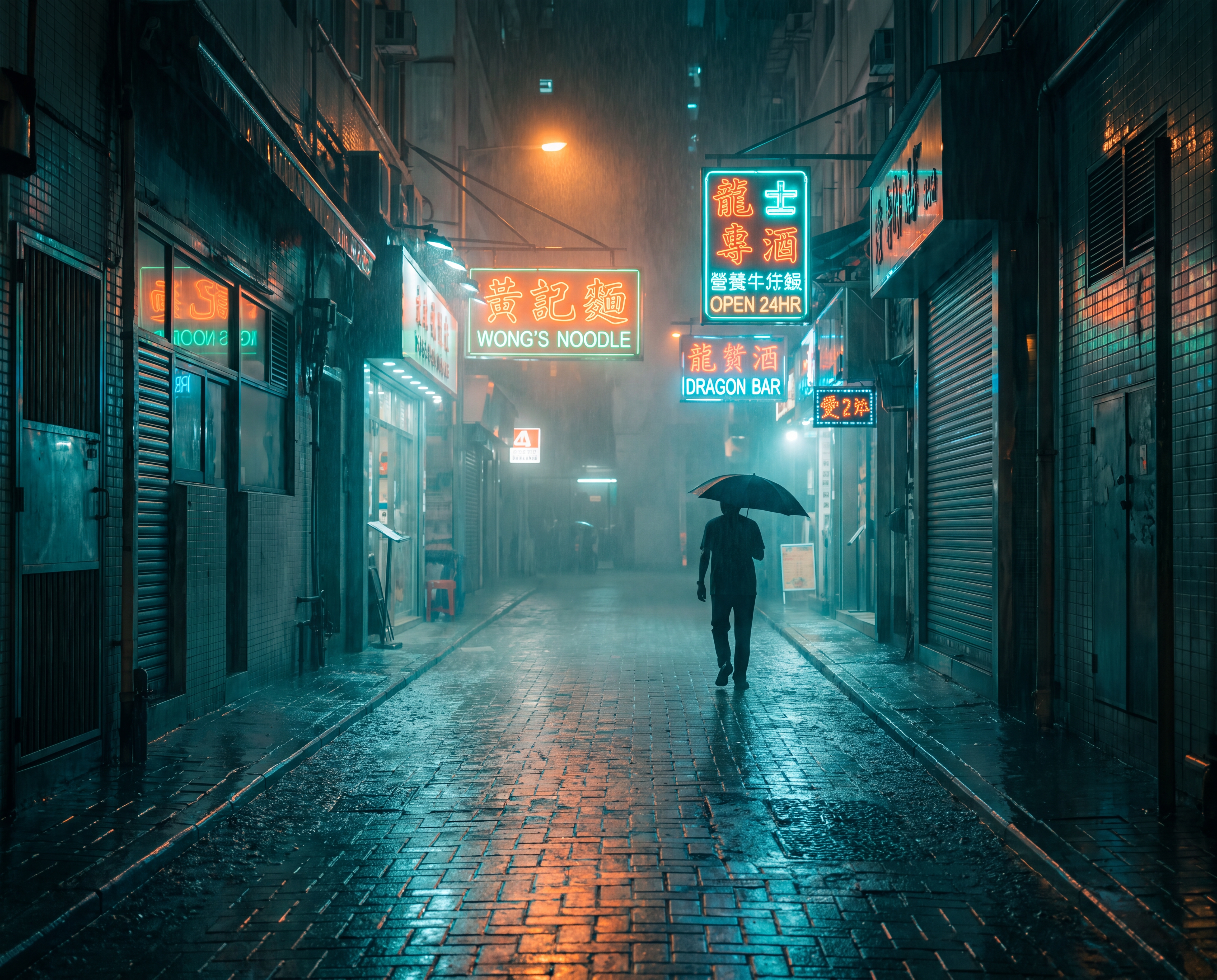 Une ruelle de Hong Kong sous une pluie battante à 2 h du matin, enseignes au néon se reflétant sur les pavés mouillés, silhouette solitaire tenant un parapluie, atmosphère brumeuse, étalonnage colorimétrique turquoise et orange, image cinématographique.