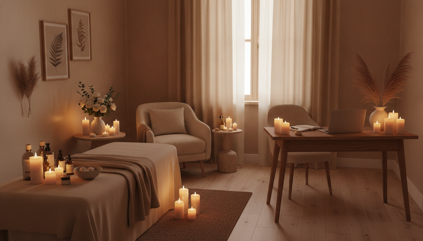 Une pièce douce aux tons marron et beige, agrémentée de bougies, accueille un bureau ainsi qu'une table de soin esthétique. Sur cette dernière, on trouve des produits de soin et un bouquet de fleurs. Une chaise confortable complète l'ensemble.